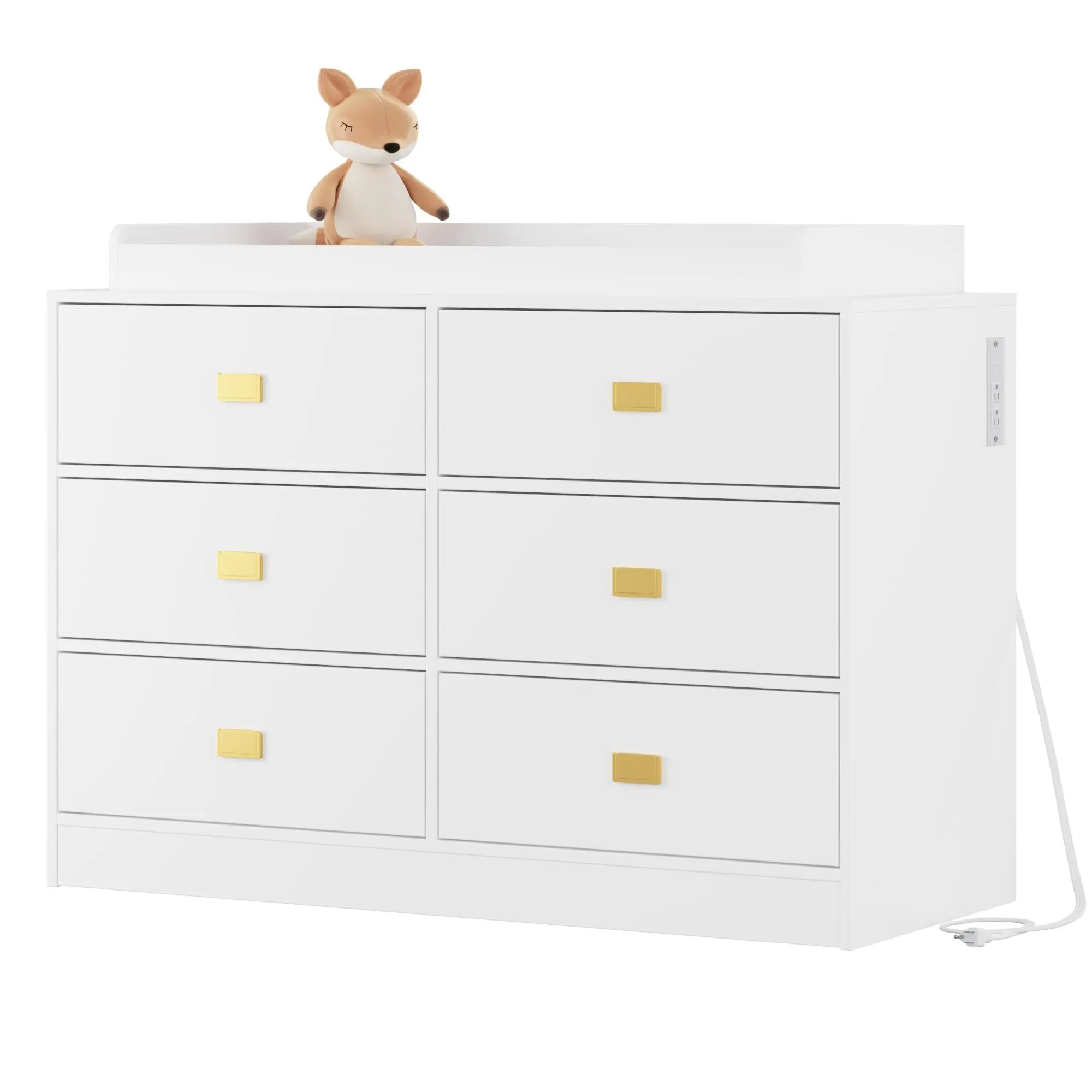 GARVEE Dresser for Bedroom with 6 Drawers, Changing Table Dresser with Changing Table Top, Nursery Dresser Diaper Changing Station for Baby with Power Outlets, Changing Pad & Removable Top