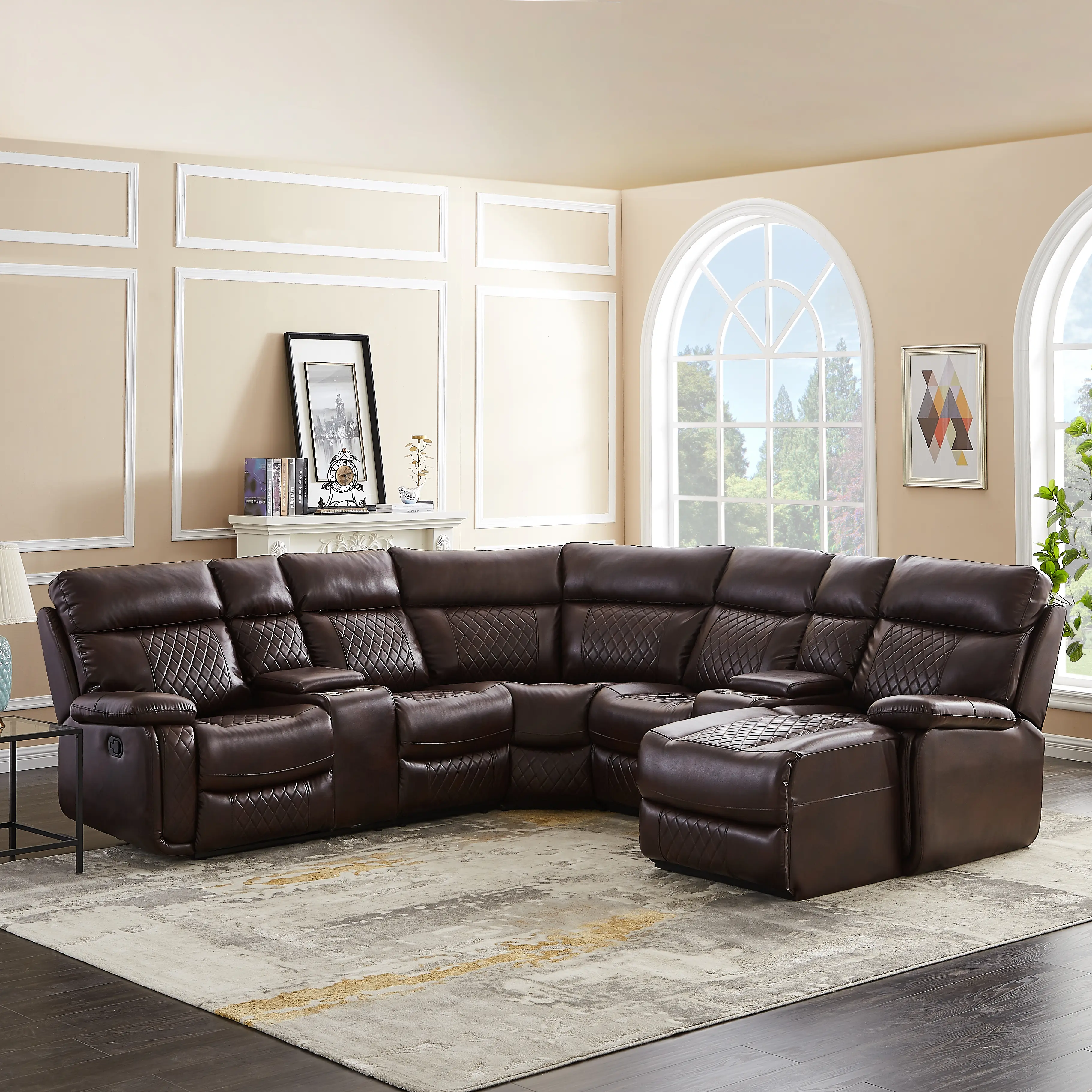 Luxury Brown Leather Sectional Sofa with Recliners and Ottoman for Modern Living Room Comfort