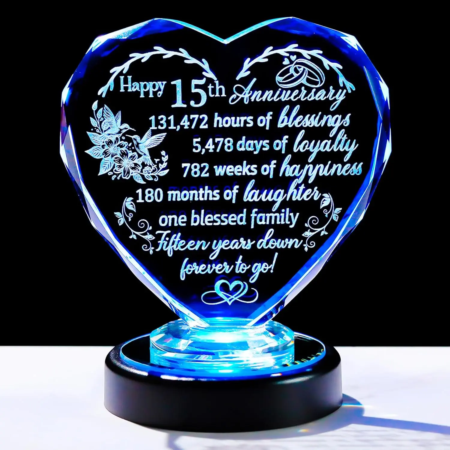 Translucent Laser Engraving Crystal Plaque - 15th Wedding Anniversary Crystal Heart with Colorful LED Light Base, Home Supplies Artwork, Gift for Wife with Included Box, Decoration
