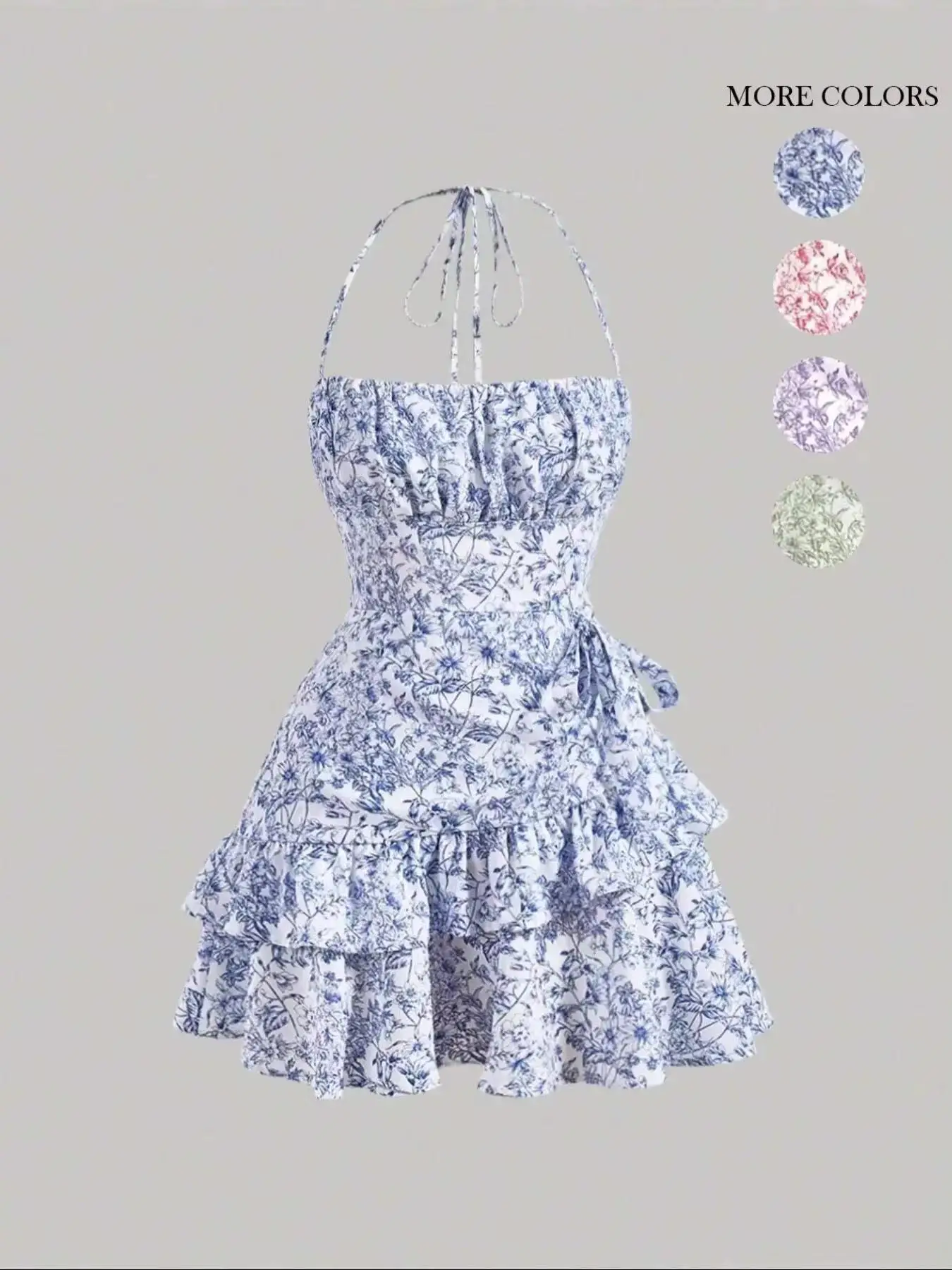 Women's Ditsy Floral Print Ruffle Trim Tie Front Tie Back Cami Dress, Boho Style Backless Tiered Layer Halter Neck Short Dress for Beach Holiday Vacat