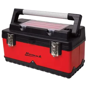 212 MAIN Homak RD00120004 20 in. Steel & Plastic Hand Carry Tool Box, Tool Organizer with Aluminum Grip, Lift-Out Tray, Removable Bins, Double Clasps, Padlock Lock - Red