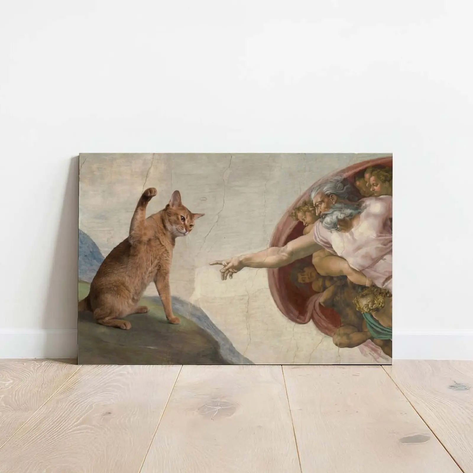 Humorous Twist Classic Creation of Adam Meme Art Poster Print - Cartoon Comic Art, Whimsical Aesthetic Cat God Michelangelo Design, High-Quality Colorful Style Decor, Home Inspo Wall Accent for Living Space