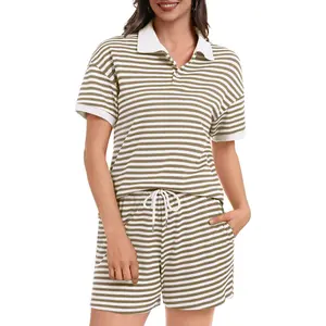 Women's Casly Lamiit 2-Piece Light Striped Summer Knit Outfits - Fitted Collared Shortsleeve Top, Loose-Fit Pockets Shorts, Soft Fabric, Brown White, M, Casual Loungewear