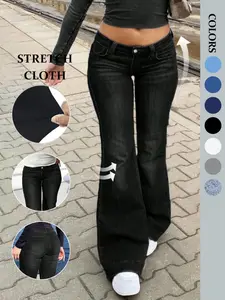 Women's 2k Style Elastic Low Waist Denim Jeans, Flare Leg Design, Button, Pockets, Perfect for All Seasons, Casual Evening Wear