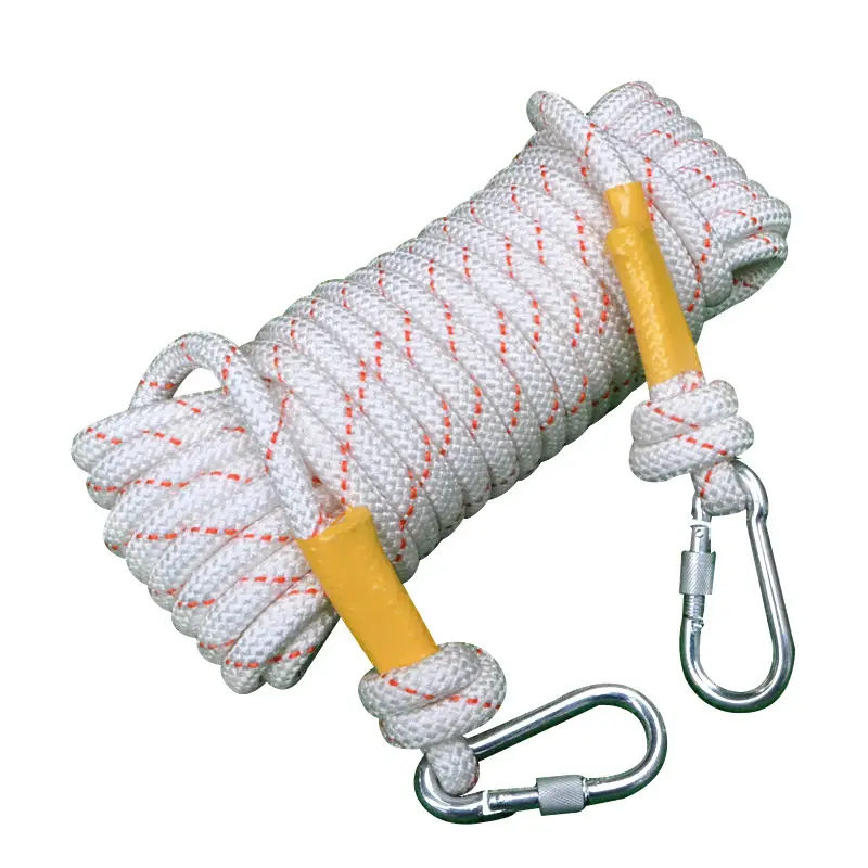 12mm Climbing Rope 32FT 64FT Static Rock Rope Outdoor Tree Rappelling Rope Nylon Rope with 2 Steel Hooks for Climbing Hiking Camping
