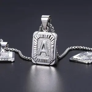 Square Initial Letter Necklace for Men Women A- Z 26 Alphabet Charm 2mm Stainless Steel Box Chain 18-22 inch