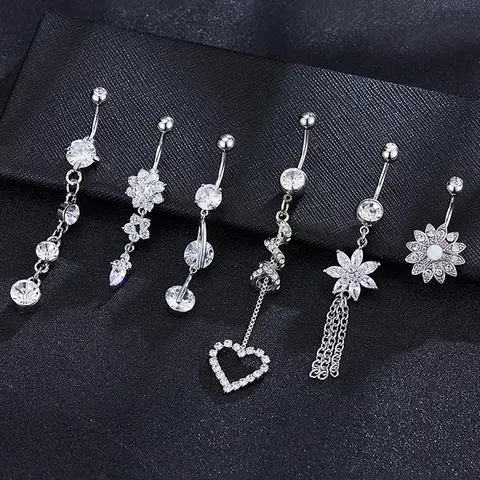 Women's Belly Rings Set, Navel Ring, Belly Button Piercing, Heart & Flower Design Zirconia Pendant Jewelry, Chic Body Jewelry, Body Jewellery, Body Piercings, Copper Material, Casual Style Festive Party Accessories