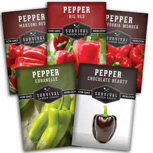 Survival Garden Seeds Sweet Pepper Seeds Collection - California Wonder Bell Marconi Red Cubanelle Chocolate Beauty & Big Red Heirloom Non-GMO Variety Pack for Home Vegetable Garden