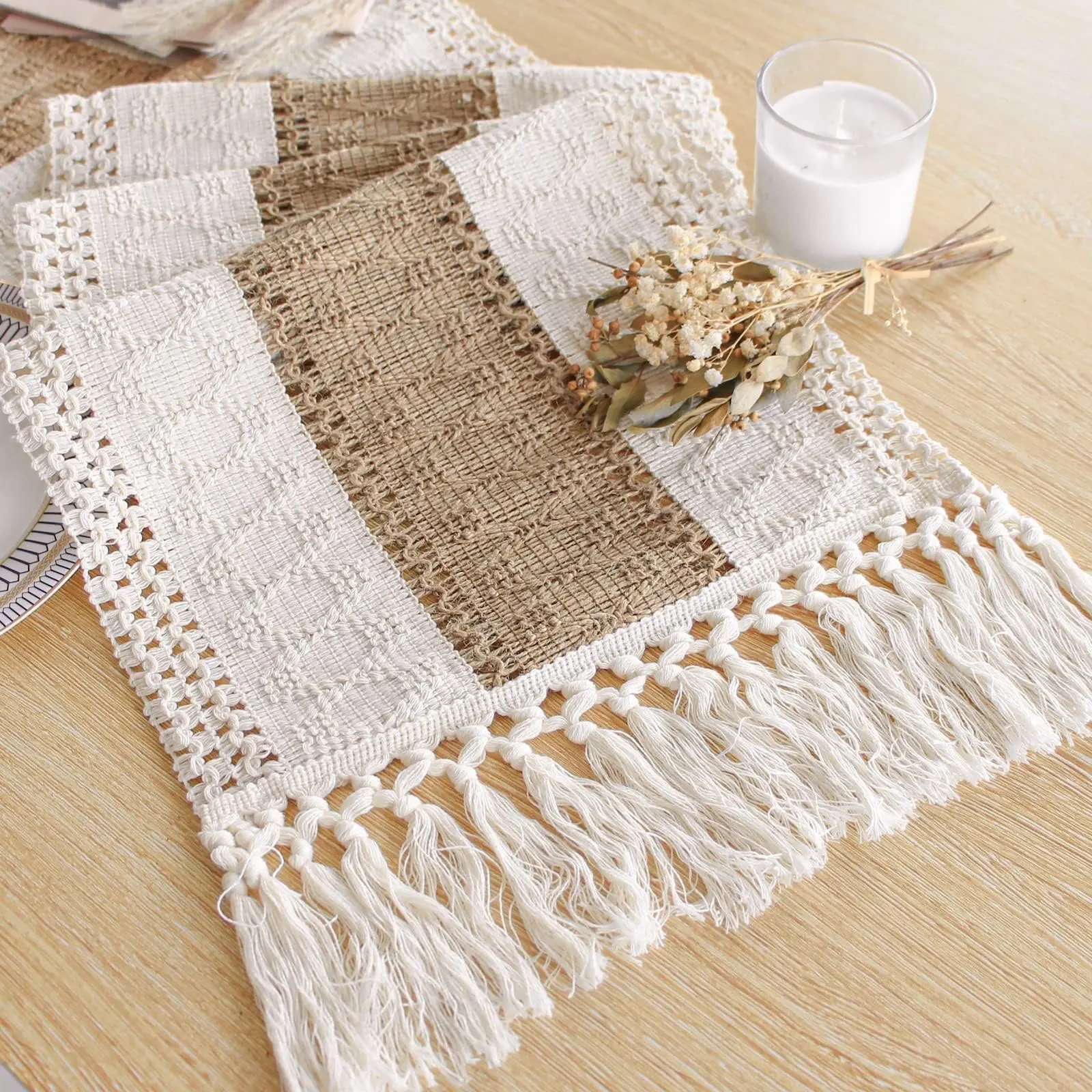 Boho Farmhouse Table Runner 12x72 Inches - Cream & Brown Rustic Macrame with Tassels for Fall Thanksgiving Christmas Home Decor, Kitchen Dining Coffee Table Dresser, Bridal Shower Gift
