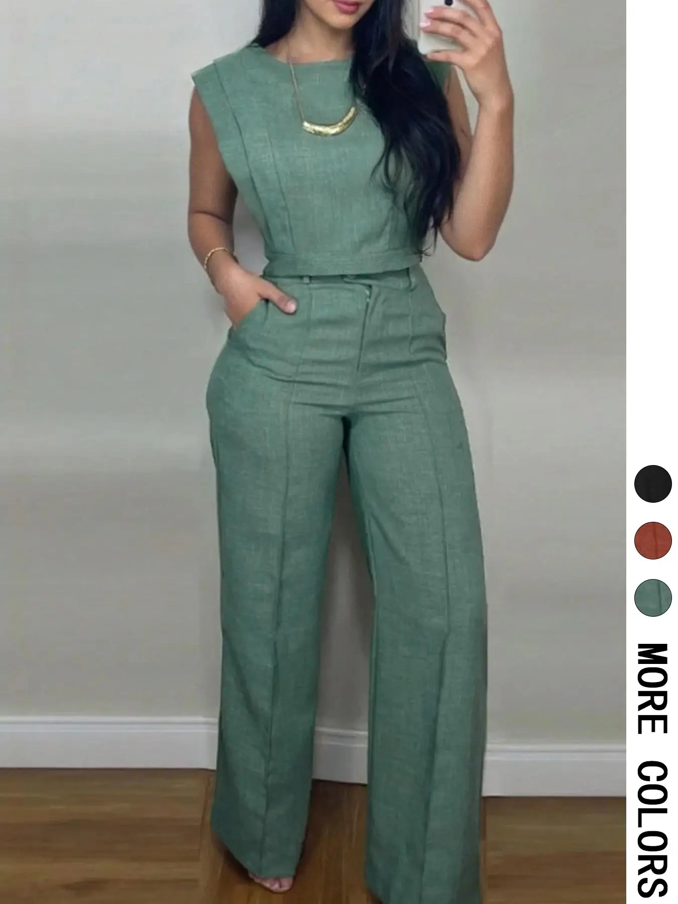 2-Piece Spring Summer Women’s Set, Suits, Cap-Sleeve Crop Top & High-Waist Wide-Leg Trouser Pants with Pockets, Old Money Quiet Luxury Style for Office and Casual Vacation Wear Clothes