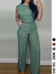 2-Piece Spring Summer Women’s Set, Suits, Cap-Sleeve Crop Top & High-Waist Wide-Leg Pants with Pockets, Old Money Quiet Luxury Style for Office and Casual Vacation Wear