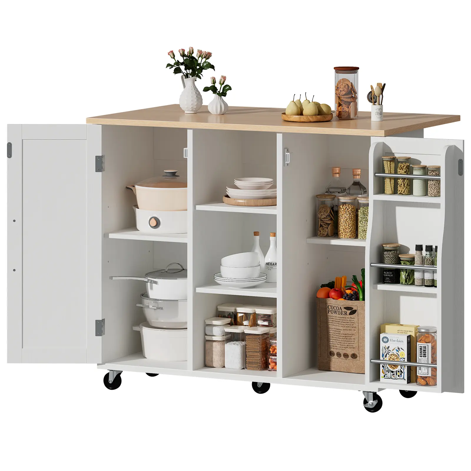 Rolling Kitchen Island Cart with Drop Leaf Table Top, Mobile Kitchen Storage Cabinet with Drawers, Shelves & Towel Rack, Wood Kitchen Prep Table on Wheels for Dining Room & Small Spaces