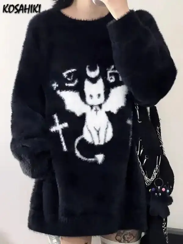 Harajuku Gothic Casual Oversized Knitted Jumpers Grunge Cartoon Sweater Fashion Knitwear Y2k Aesthetic Balack Loose Pullover