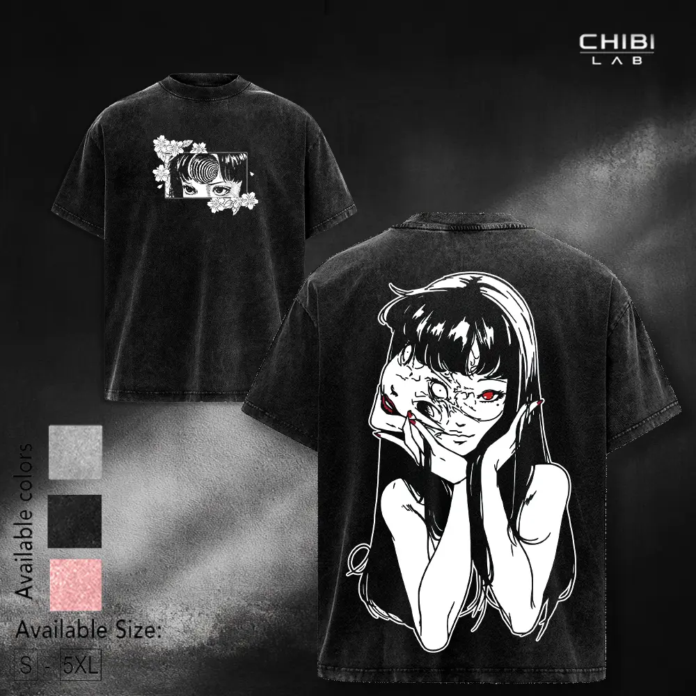 Tomie Junji Ito Uzumaki Vintage Anime T-Shirt, Washed Heavyweight Cotton, Graphic Tee, Manga Gothic, Dark Anime Gothic T-Shirt Menswear Streetwear Fabric Top Seamless Clothes