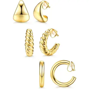 YADOCA 3Pairs Clip on Earrings for Women Trendy Stocking Stuffers Hypoallergenic 14K Plated Gold Chunky Tube Croissant Waterdrop Clip-on Hoop Earrings Set Fake Jewelry Non Pierced Ears