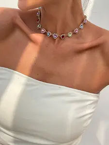 Gold Rainbow Heart Choker Necklace, Heart Shaped Necklace, Y2K Colorful Style Jewelry with Multi-Color Crystal Heart Detail, for Women, Party & Daily Styling Occasions