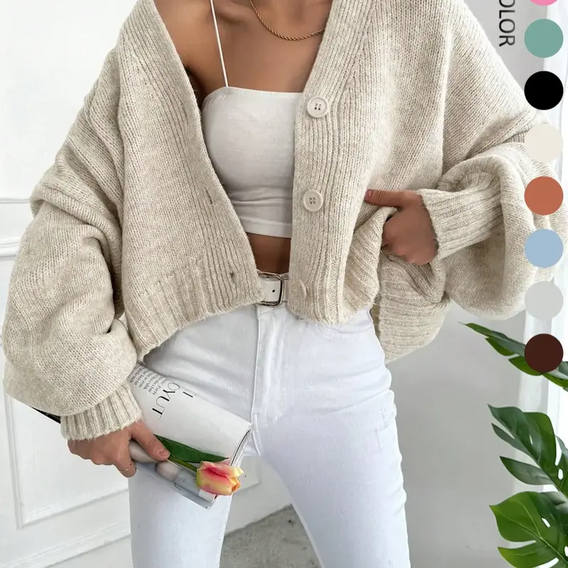 Women's Long Sleeve Solid Color Daily Knit Cardigan, Casual Basic V Neck Drop Shoulder Fit Knitwear, Perfect for Autumn & Winter Everyday Wear