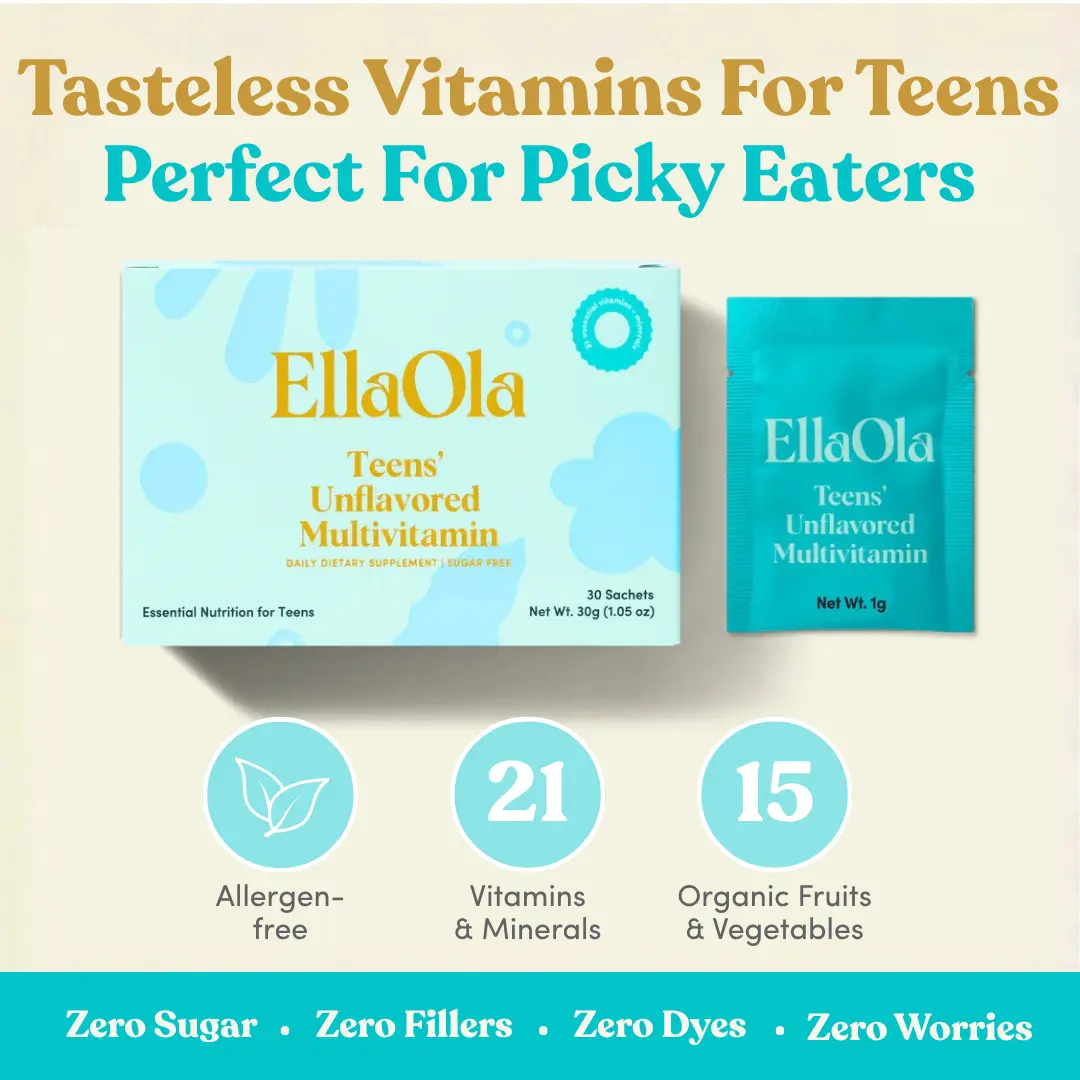 EllaOla Teens' Essential Tasteless Multivitamin (12+ Years Old) - 21 Vitamins & Minerals - 15 Organic Fruits & Veggies - Bone & Brain Support - Zero Sugar - Allergen-Free - Doctor-Developed - Ages 12+