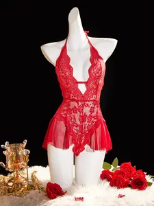 YIAII Women's Floral Lace Skirted Bodysuit Deep V Plunge Halter Teddy Lingerie Open Back