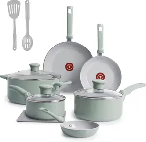 T-Fal Refresh Ceramic Nonstick Cookware Set, Oven Safe Up to 350ºF, 12-Piece, Includes Stockpot, Griddle, Frying Pans, Utensils, Ceramic Pots and Pans Set, Mint Green