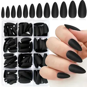 240Pcs Matte Black Press on Nails Almond Fake Nails Artificial Black Nails Medium Length Almond Shaped Nails Press ons, Stiletto False Nails for Women, Medium Almond Nails, Thick Natural Acrylic Gel Nails Salon Quality Gel Nail Tips, Nail Art Supplies