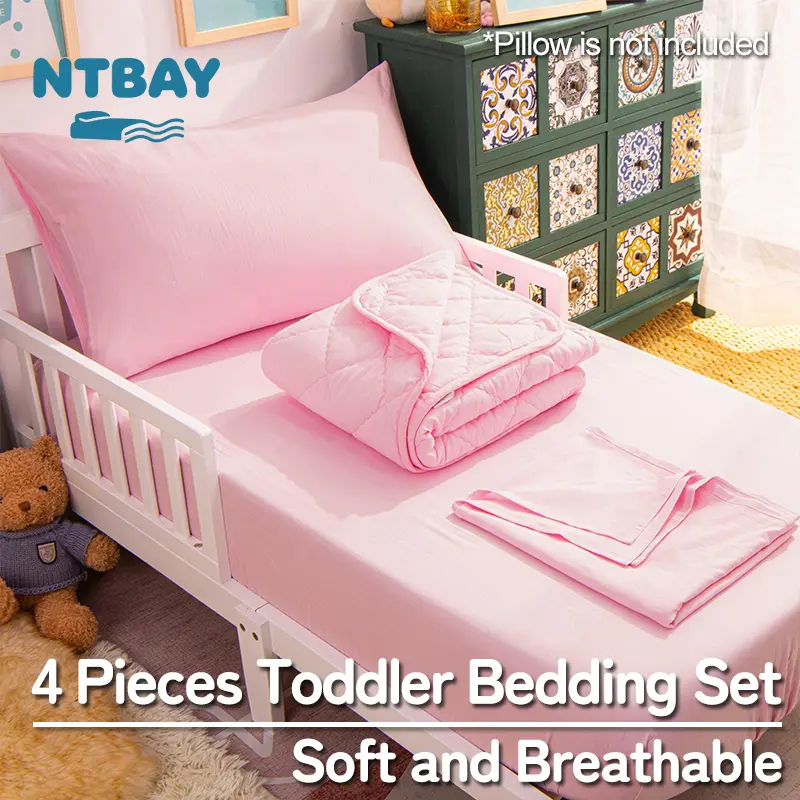 NTBAY Toddler Bedding Set, 4 Pieces Soft Microfiber Kids Comforter & Sheet Set for Boys and Girls, Lightweight Kids Bedding, Breathable & Hypoallergenic, Gift Ready, Machine Washable, Oeko-Tex