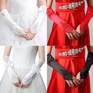 Women's Lace Satin Fold Fingerless Gloves Elegant Long Gloves with Finger Loops for Bridal Banquet Party Satin Opera Gloves