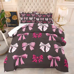 2/3 Pcs Coquette Pink Bow Print Comforter Set, Cute Y2K Aesthetic Bedding Set, Soft Warm Breathable & Fade Resistant Digital Print, Ideal for Girls Bedroom Dorm Guest Room Decor, All Season Use - Without Pillow Insert