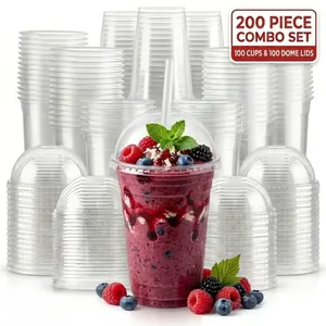 200 Pcs 16oz Clear Plastic Cups with Lids (100 Cups + 100 Lids) Leakproof Reusable To Go Beverage Drink Cups for Iced Coffee Milkshake Smoothie Soda Fruit Tea, Bulk Party Supplies for New Year Valentine Day Wedding Event Catering