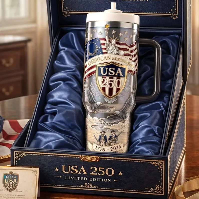 USA 250 Years Celebration 40oz Tumbler with Handle, NO STRAW Included, American Eagle Patriotic Mug, Anniversary Gift, Independence Day Cup