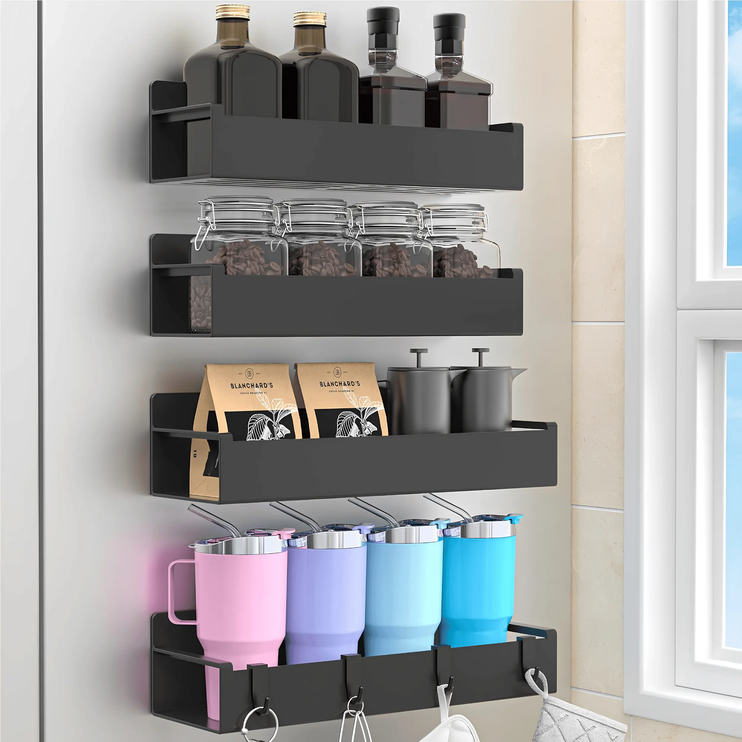 4-Pack Magnetic Spice Rack Organizer Heavy Duty Refrigerator & Oven Side Storage Shelves, Space-Saving Kitchen Organizer for Spice Jars, Seasonings, Bottles & Cooking Essentials, Black
