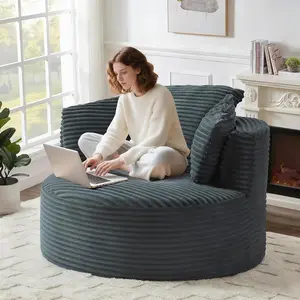 Round Chair Lounge Chaise Indoor, 48.8" Oversized Sofa Chair Upholstered Corduroy Deep Seat Sleeper Sofa Bed No Assembly Required for Living Room, Bedroom Apartment, Dark Gray