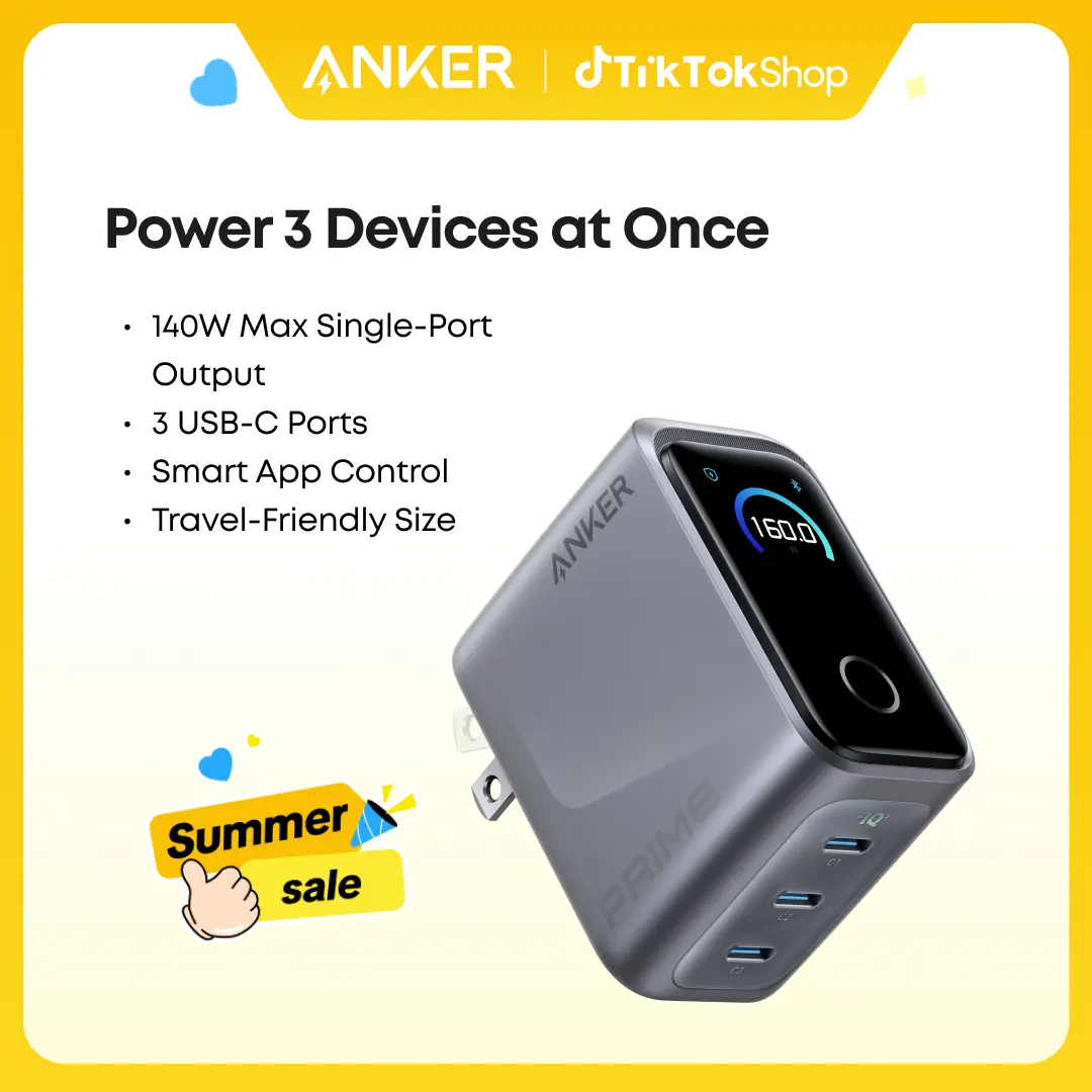 [Limited Offer]Anker Prime Charger, 160W 3-Port Compact USB-C GaN Charger Block, Smart Display and Touch Control, 140W Max Single-Port Charging, for MacBook, iPad, iPhone 17 / 16 / 15 Series, and More
