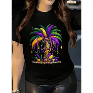 Women's Mardi Gras Carnival Party T-Shirt - Vibrant Tropical Palm Tree & Mask Print Short Sleeve Round Neck Top, Machine Washable Casual Tee for Spring Summer Fall Festivals & Themed Events, Summer Festival Clothing, Colorful Prin