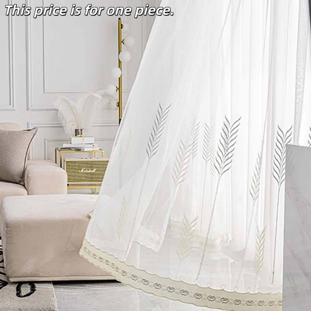 1PC Custom Simple Lace Wheat Embroidered Window Curtain, Bedroom Living Room Floating Window Light Permeable Finished Product, Hole Ring Processing