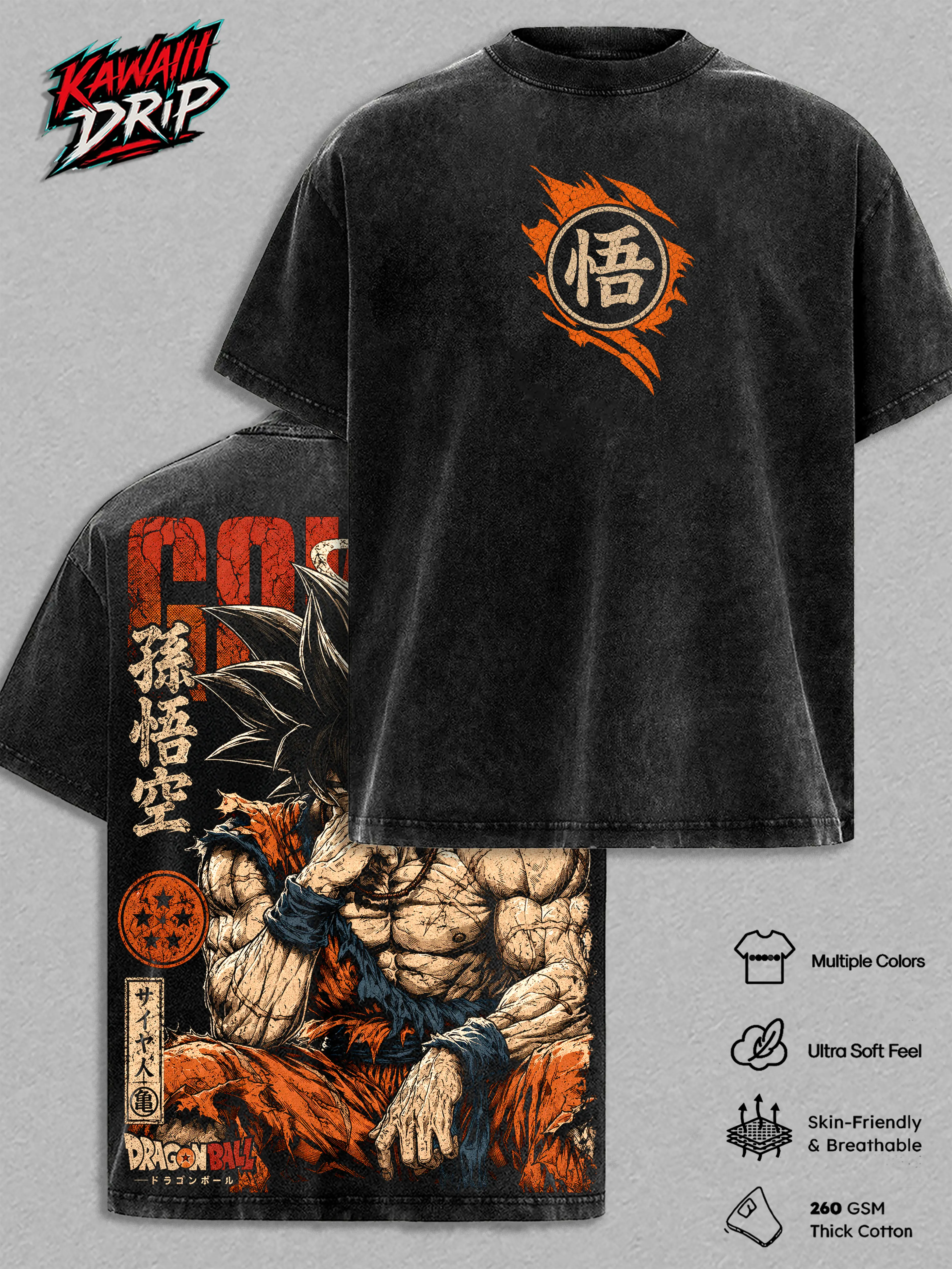 ''Gokuu'' DBZ Vintage Washed T Shirt - DBZ Graphic Tee Oversized Streetwear Top Cotton Tshirt Classic Menswear Clothes Apparel Gift for DBZ Fans Men & Women