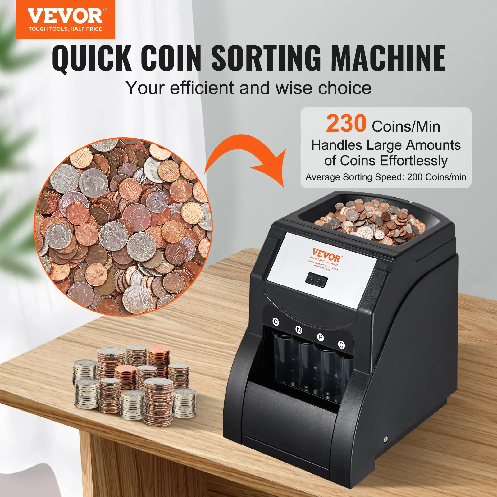 【summerfinds】VEVOR USD Coin Sorter, Various specifications, Coin Sorter Machine for USD Coin 1￠ 5￠ 10￠ 25￠, Sorts up to 230 Coins/min, Coin Sorter and Wrapper Machine Holds 200 Coins Included 4 Coin Tubes, Black