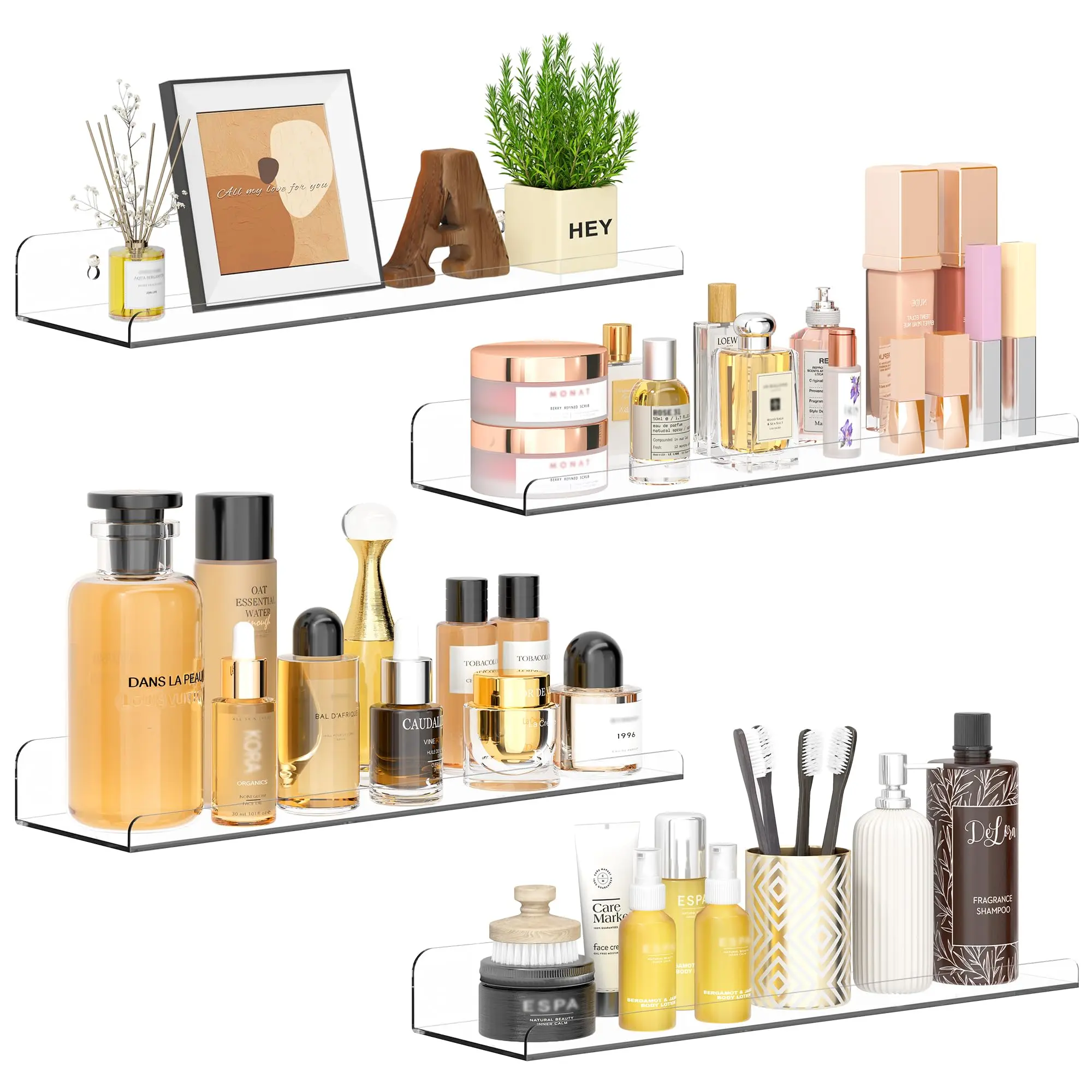 4 Pack Acrylic Shelves for Wall Storage, 15" x 4“ Floating Bookshelves for Kids, Display Shelf Organizer for Bathroom, Bedroom, Living Room, Kitchen, Room Decor, Clear