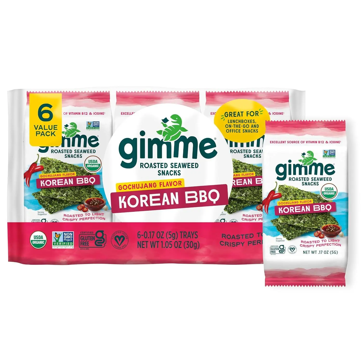 Gimme 6 CT Sea Salt Organic Roasted Seaweed Snacks, 5g, 0.17oz