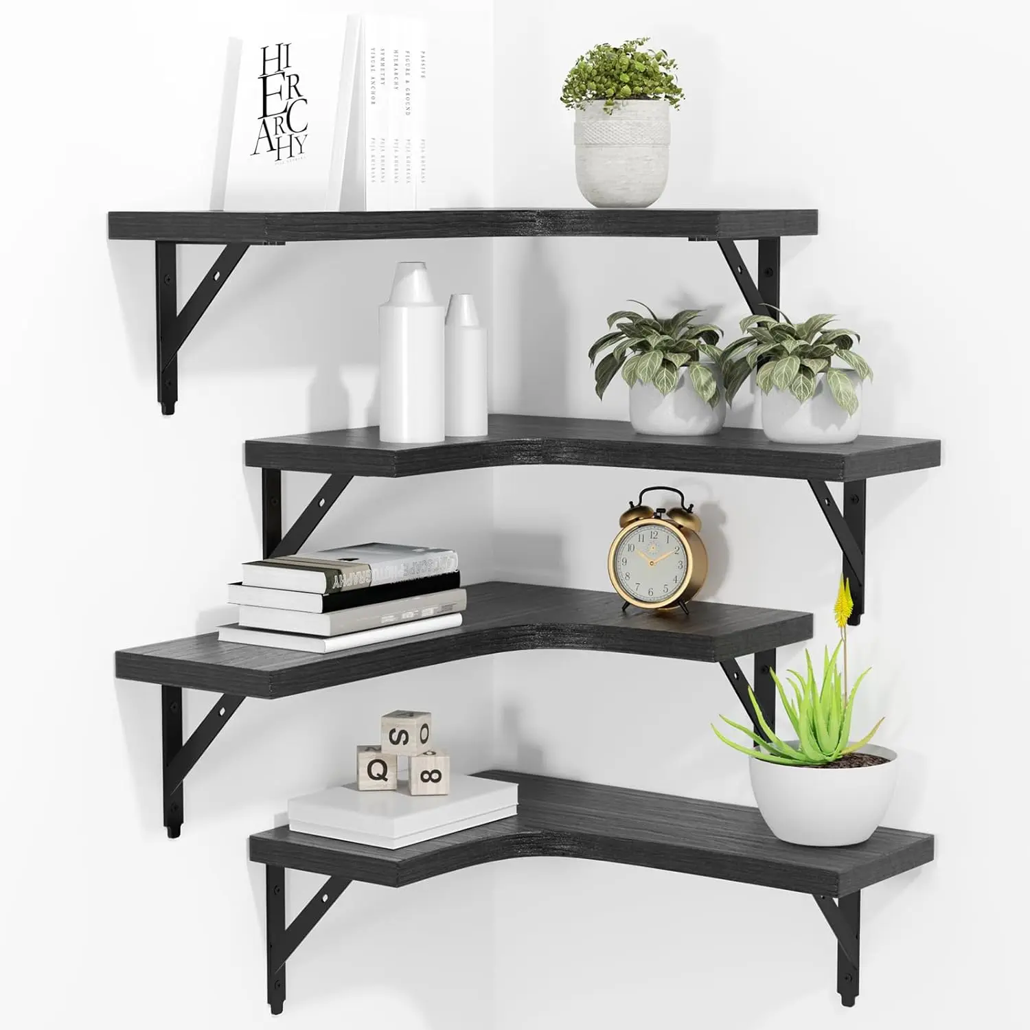 4-Piece Black Rustic Wooden Corner Floating Wall Shelf Unit - Wall-Mounted Home Decor for Bathroom, Kitchen Storage & Display