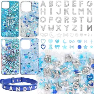 330 Pcs Blue Junk Phone Case Charms 26 Pcs A-Z Rhinestone Alphabet Letter Charms, Mix Flower Bow Heart Pearls Flatback Resin Charms Letter Junk Cases Kit for DIY Crafts
