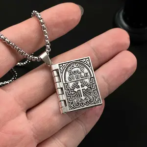 Aileen Jewellery Openable Holy Bible Book Pendant Necklace - Vintage Cross Design Christian Jewelry, Retro Niche Creative Medallion, Ideal Holiday Gift Accessory