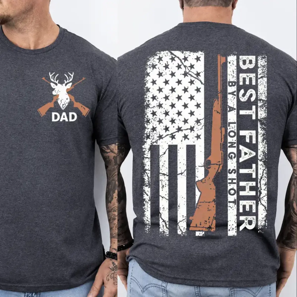 Best Father By A Long Shot Hunting T-Shirt - Distressed American Flag With Hunting Rifle Graphic , Deer Head And Crossed Rifles DAD Chest Print , Men's Hunter Dad Tee , Father's Day Outdoor Shirt , Gift For Hunting Dads And Sportsmen Fabric Top Menswear