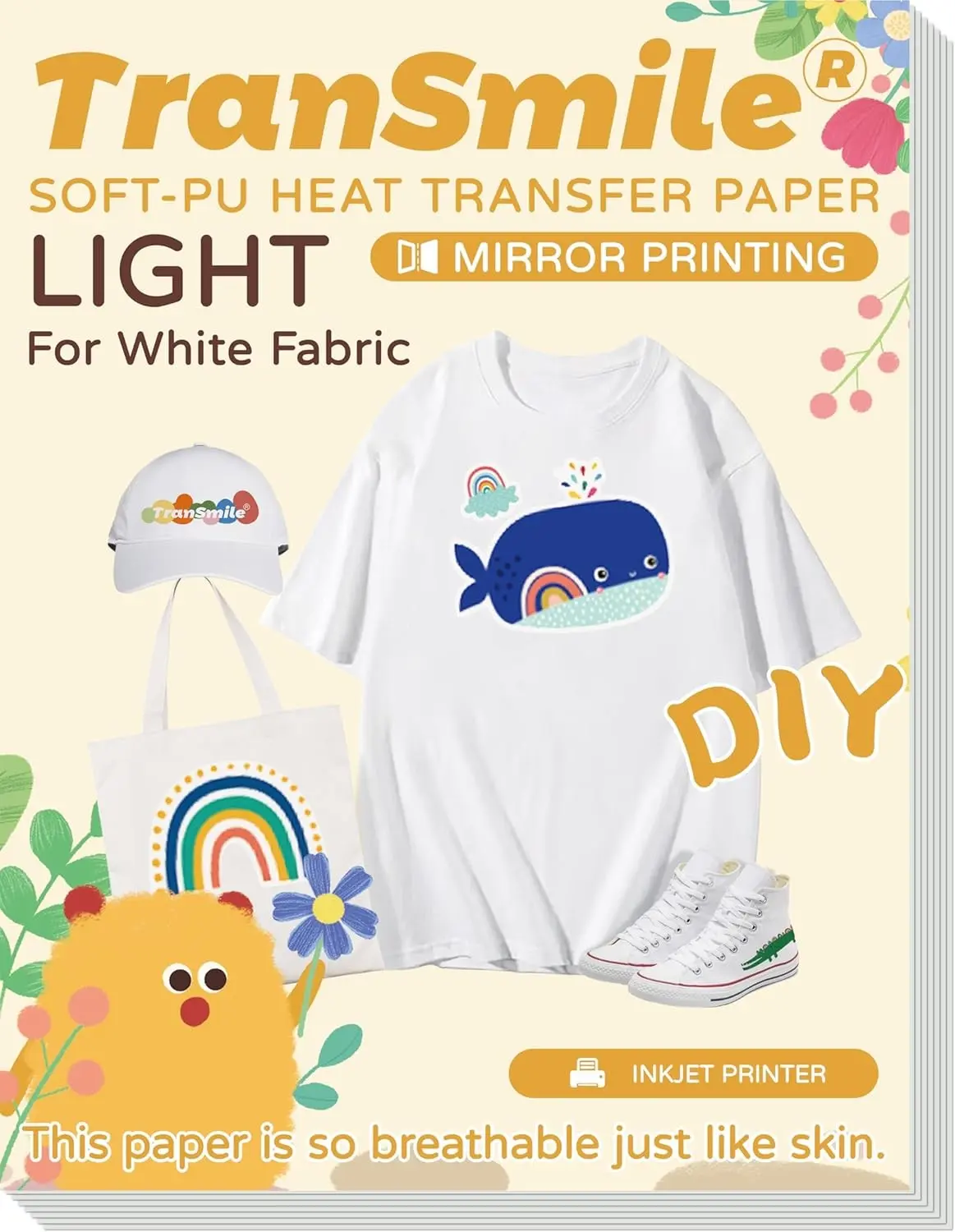 Heat Transfer Paper for White Fabric, 8.5 x 11 In, 10 Sheets Works with inkjet printers and iron or heat press, Eco-friendly PU material, Durable and washable, Requires mirror printing