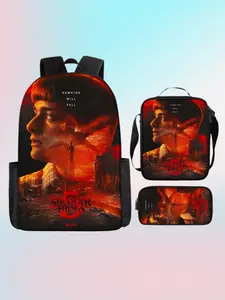 Stranger Things Season 5 Backpack Set, Hawkins Will Fall Print School Bag, Lunch Bag & Pencil Case, Netflix Series Daypack for Teens 3pcs