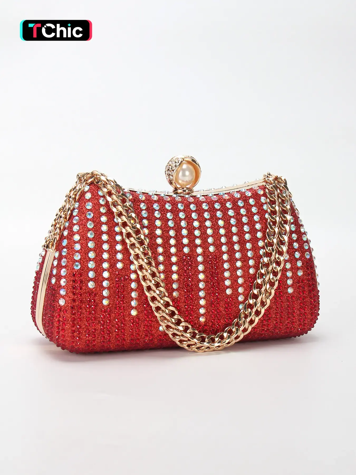 Full-diamond sparkling women's evening clutch, handbag, purse, wallet, with long chain for convertible shoulder/crossbody style, pearl clasp closure, ideal for weddings, parties, holiday gifts, Elegant Stylish Purse