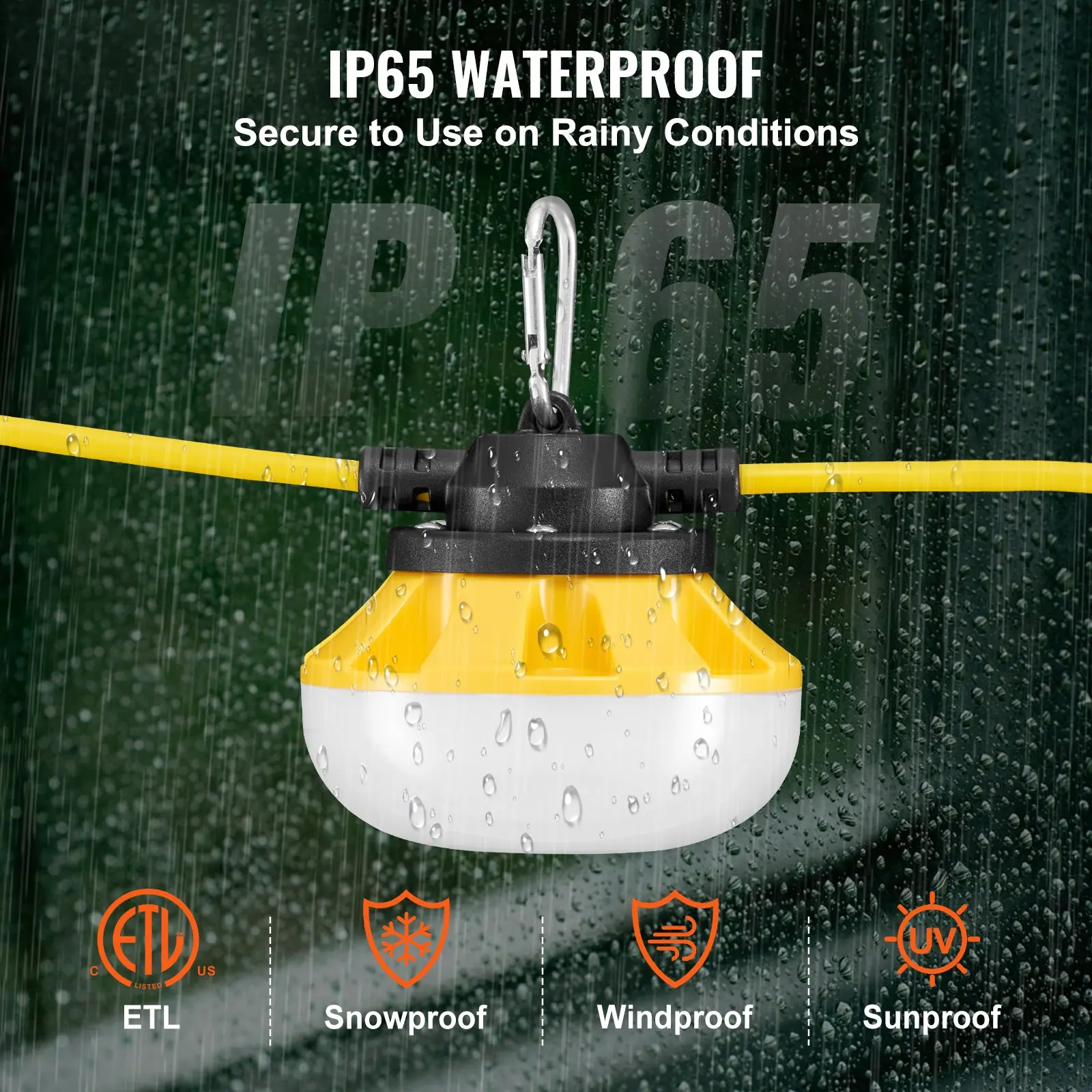 VEVOR 100FT Construction String Lights, 100W Total 10000 Lumens, 10 Pcs Work Lights, 5000K, IP65 Waterproof, Hanging Hooks, ETL Certified, 100 ft/30500 mm, H2.36x43.94in/H60x4100mm, for Construction Site Temporary Indoor/Outdoor Lighting