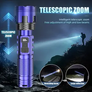 Portable Handheld LED High Performance Flashlight, Three Modes, USB Rechargeable, Digital Battery Indicator, High Brightness Adjustable Focus Outdoor Light