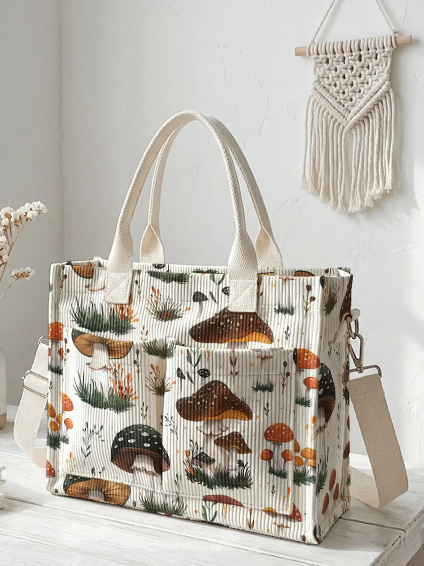Mushroom-Pattern Printed Travel Shoulder Bag, 1 Count Durable Large-Capacity Wear-Resistant Casual Commuter Bag with Multi-Pocket Design, Travel Essentials Bag for Work, Shopping, Picnic and Other Occasions