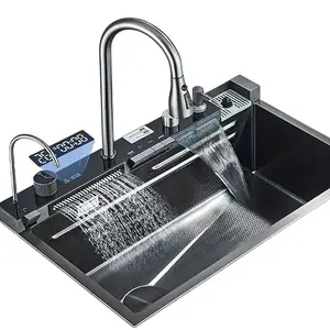 Stainless Steel Digital Kitchen Sink Set，Stainless Steel Bar Sink With Pull Down Sprayhead Faucet, Smart Modern Kitchen Sink With Full Set Of Accessories, Gun Gray&Brushed Golden